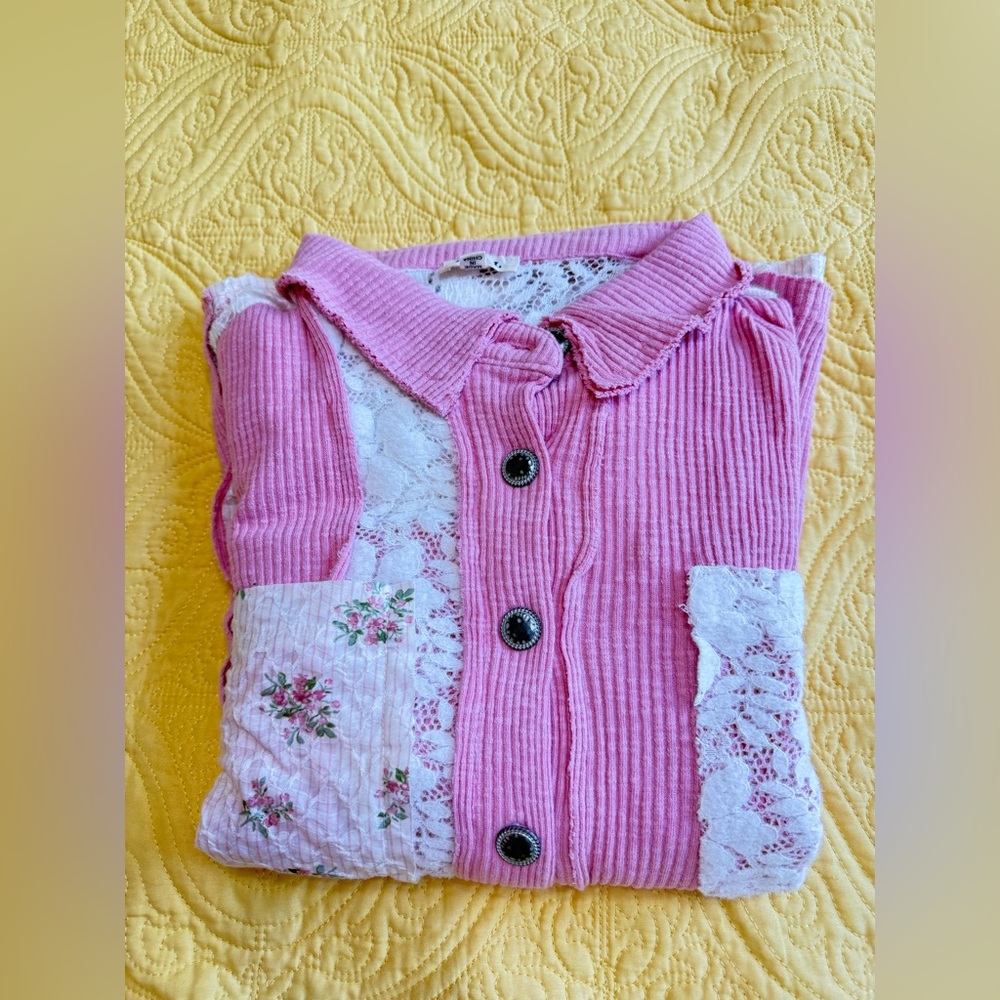 H175 New POL S pp24 Pink and Cream Patchwork detail Lace Button-Up Jacket Top - Picture 14 of 16